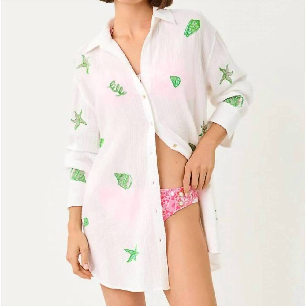 NEW LILLY PULITZER kwitney long-sleeve coverup in resort white ship to shore emb